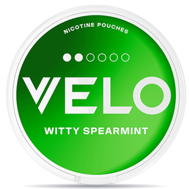 Front view of a can of VELO Witty Spearmint nicotine pouches