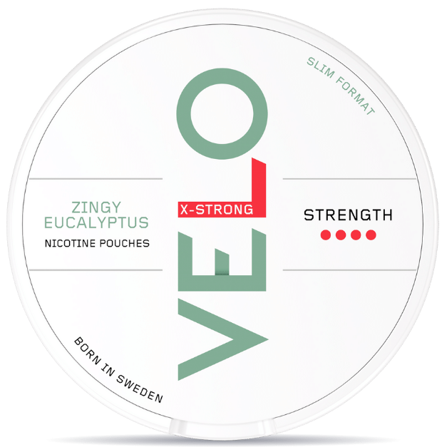 Front view of a can of VELO Zingy Eucalyptus nicotine pouches