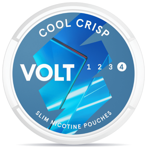 Front view of a can of VOLT Cool Crisp Extra Strong nicotine pouches