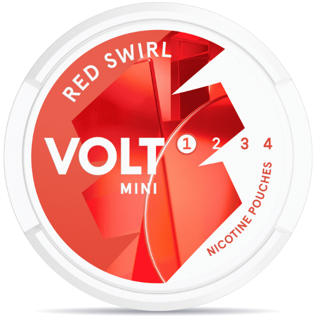 Front view of a can of VOLT Mini Red Swirl 3mg nicotine pouches