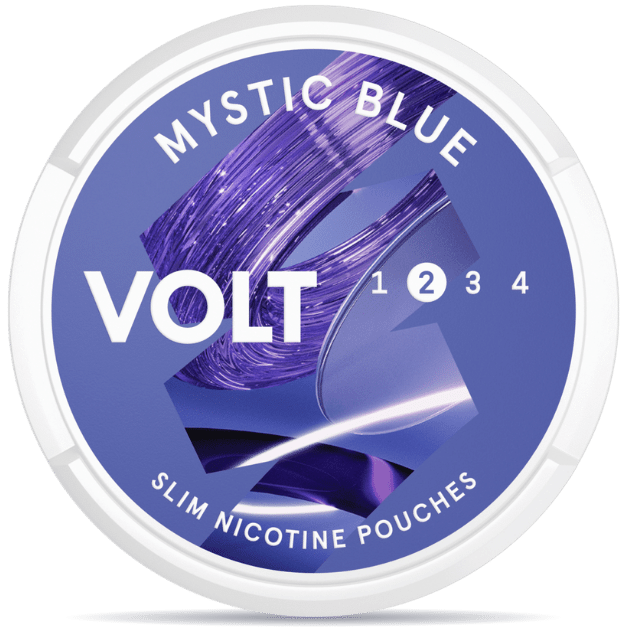 Front view of a can of VOLT Mystic Blue nicotine pouches