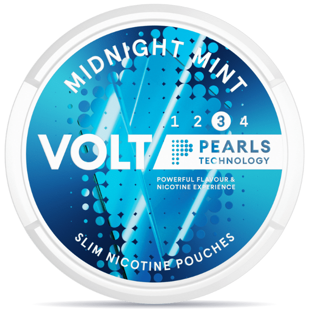 Front view of a can of VOLT Pearls Midnight Mint nicotine pouches