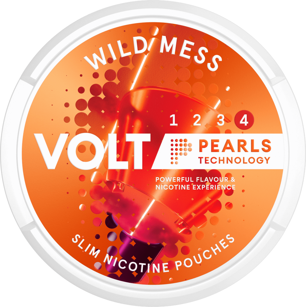 Front view of a can of VOLT Pearls Wild Mess nicotine pouches