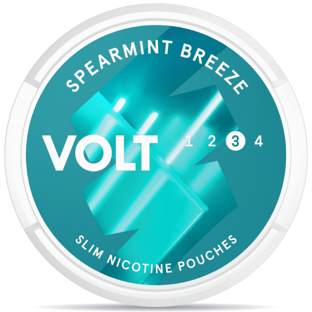 Front view of a can of VOLT Spearmint Breeze Strong nicotine pouches