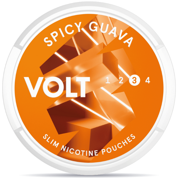 Front view of a can of VOLT Spicy Guava Strong nicotine pouches