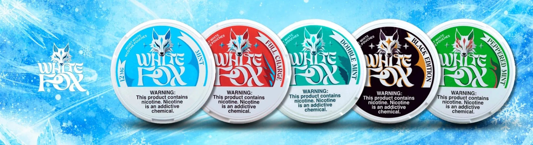 White Fox nicotine pouches lineup with Mint, Full Charge and Black Edition on icy blue background