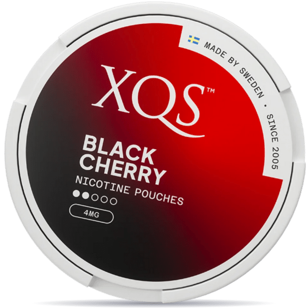 Front view of a can of XQS Black Cherry Light 4mg nicotine pouches