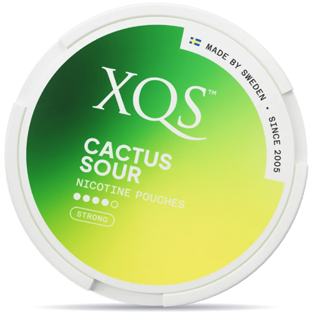 Front view of a can of XQS Cactus Sour Strong nicotine pouches