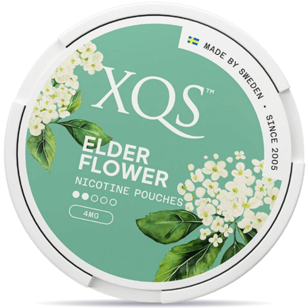 Front view of a can of XQS Elderflower Light 4mg nicotine pouches