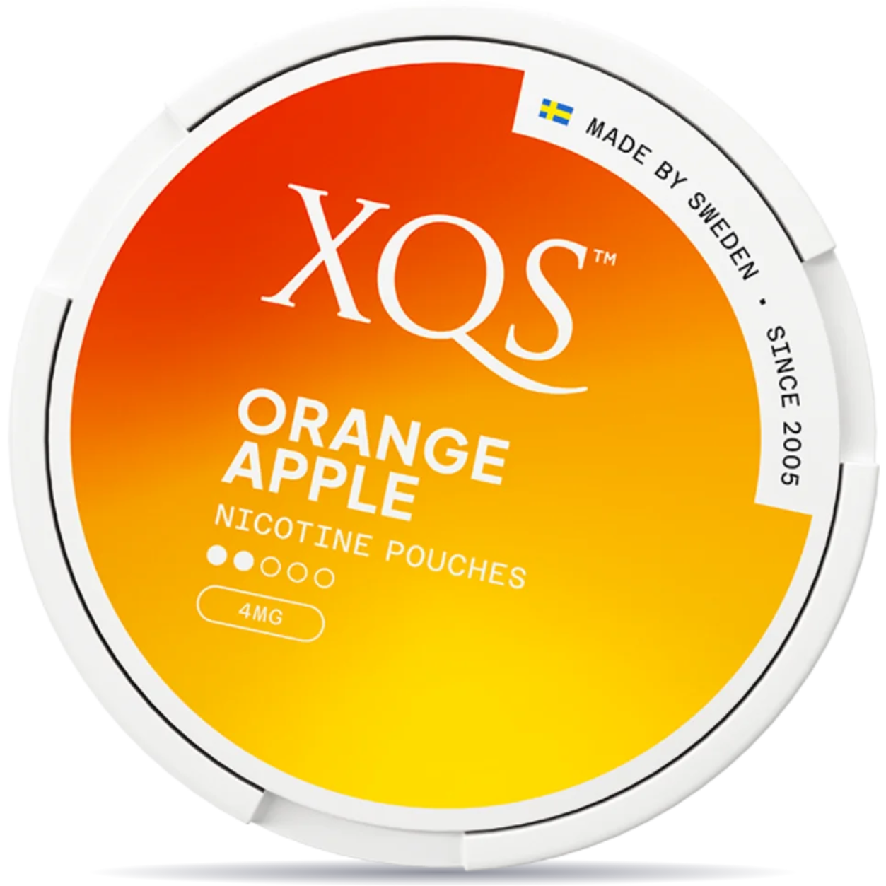 Front view of a can of XQS Orange Apple 4mg nicotine pouches