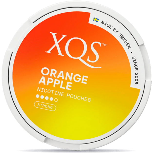 Front view of a can of XQS Orange Apple Strong nicotine pouches