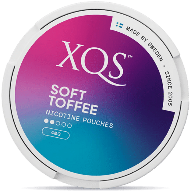 Front view of a can of XQS Soft Toffee Light 4mg nicotine pouches