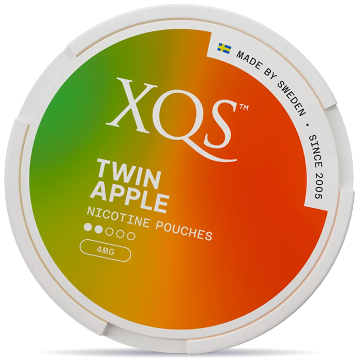 Front view of a can of XQS Twin Apple Light 4mg nicotine pouches