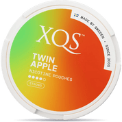 Front view of a can of XQS Twin Apple Strong nicotine pouches