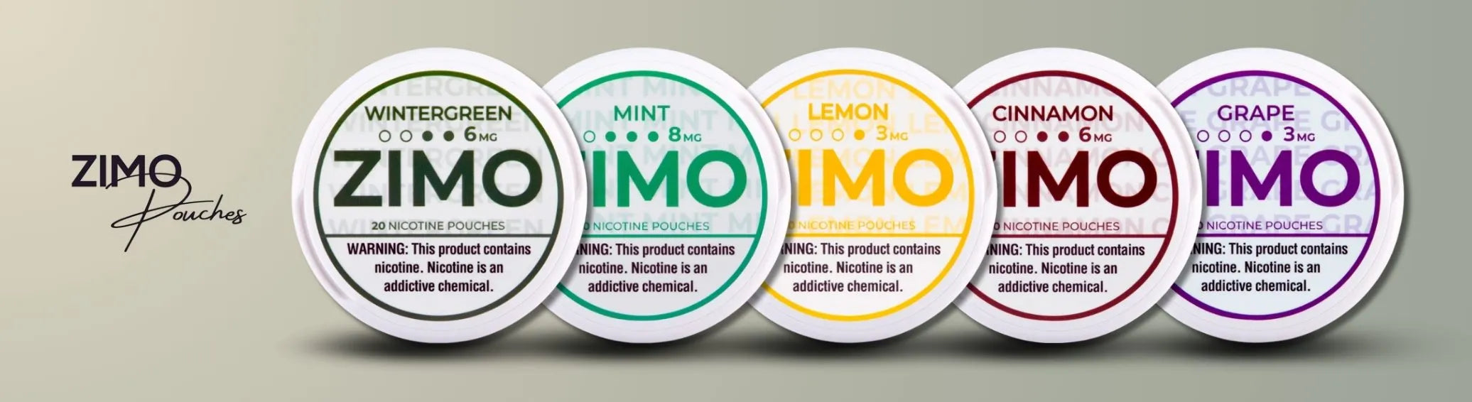 Zimo nicotine pouches lineup with Wintergreen, Mint, Lemon, Cinnamon and Grape flavors on clean neutral background