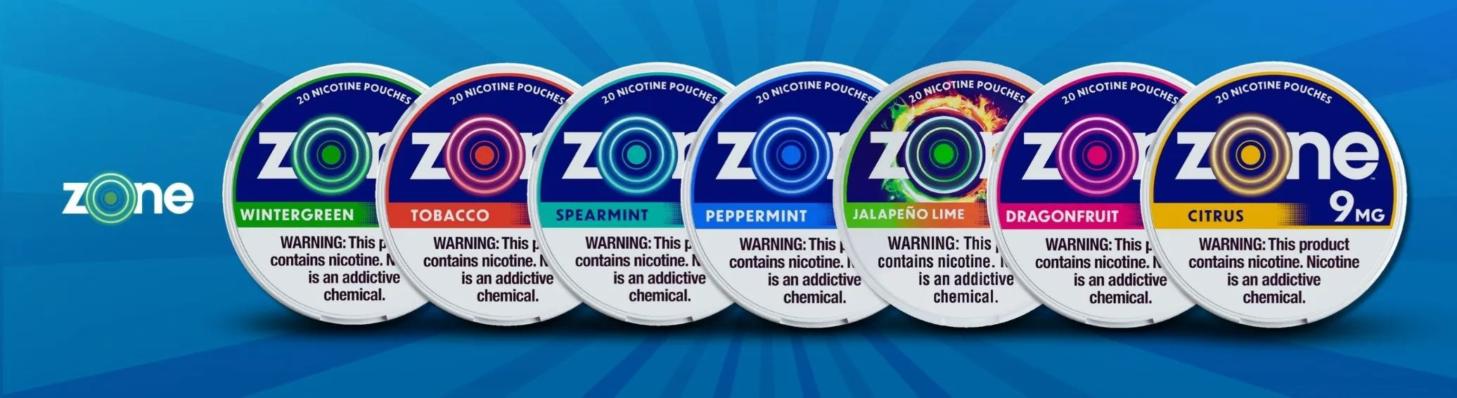 Zone nicotine pouches lineup with Wintergreen, Spearmint, Jalapeno Lime and Citrus flavors on blue background