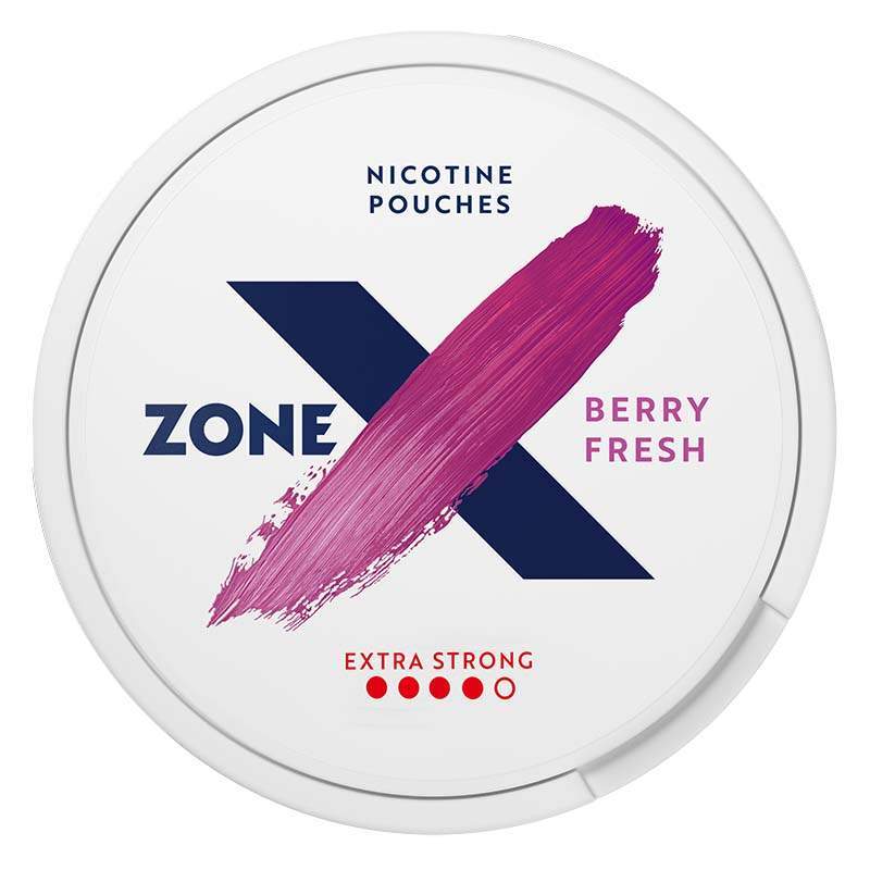 Front view of a can of ZONE X Berry Fresh Extra Strong nicotine pouches