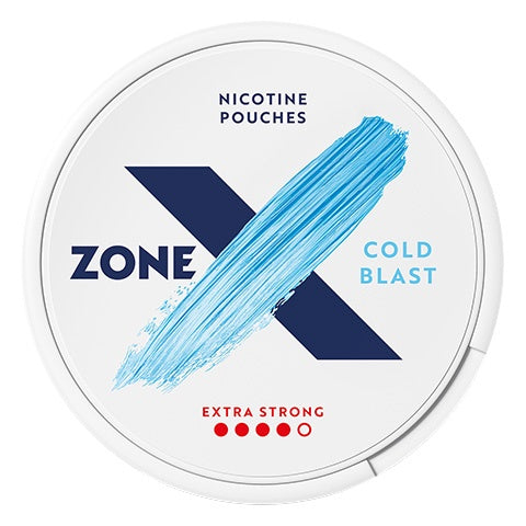 Front view of a can of ZONE X Cold Blast Extra Strong nicotine pouches