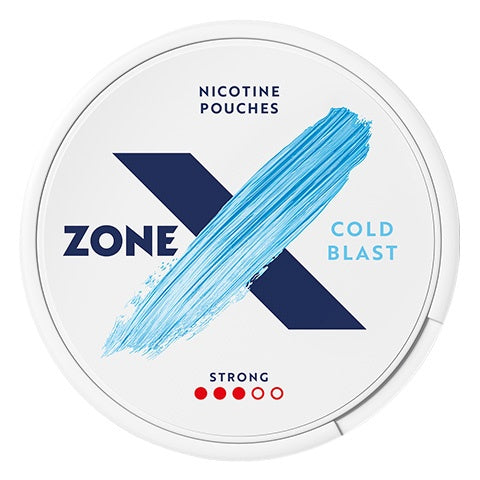 Front view of a can of ZONE X Cold Blast Strong 4mg nicotine pouches