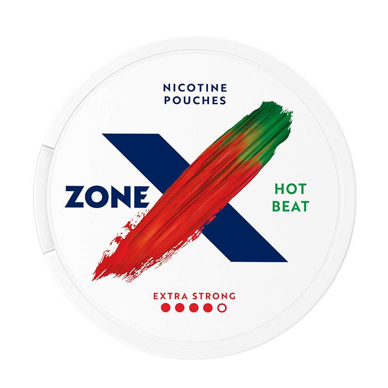 Front view of a can of ZONE X Hot Beat Extra Strong nicotine pouches