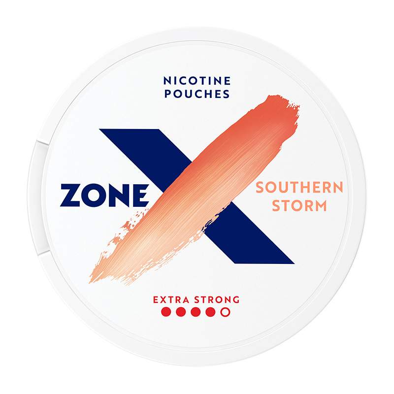 Front view of a can of ZONE X Southern Storm Extra Strong nicotine pouches