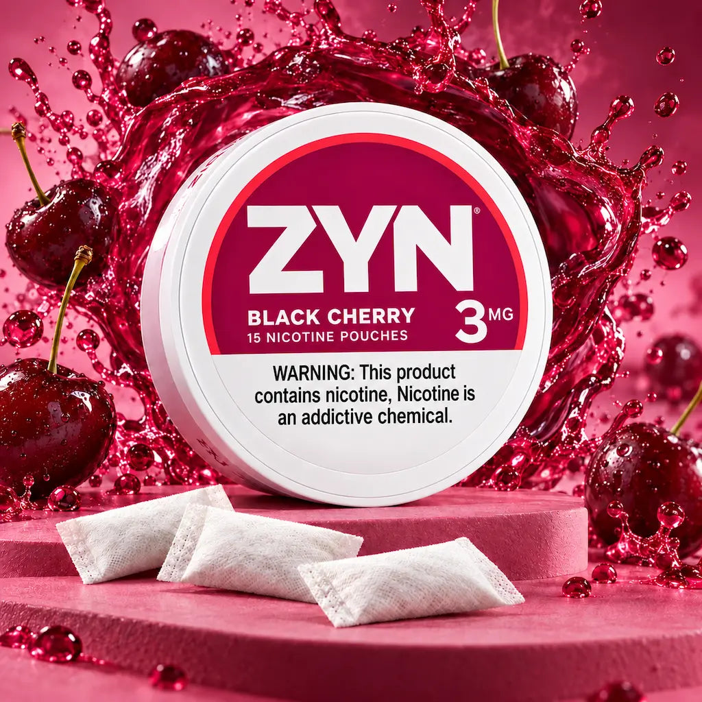 ZYN Black Cherry 3mg surrounded by cherries and white pouches