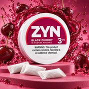 ZYN Black Cherry 3mg surrounded by cherries and white pouches