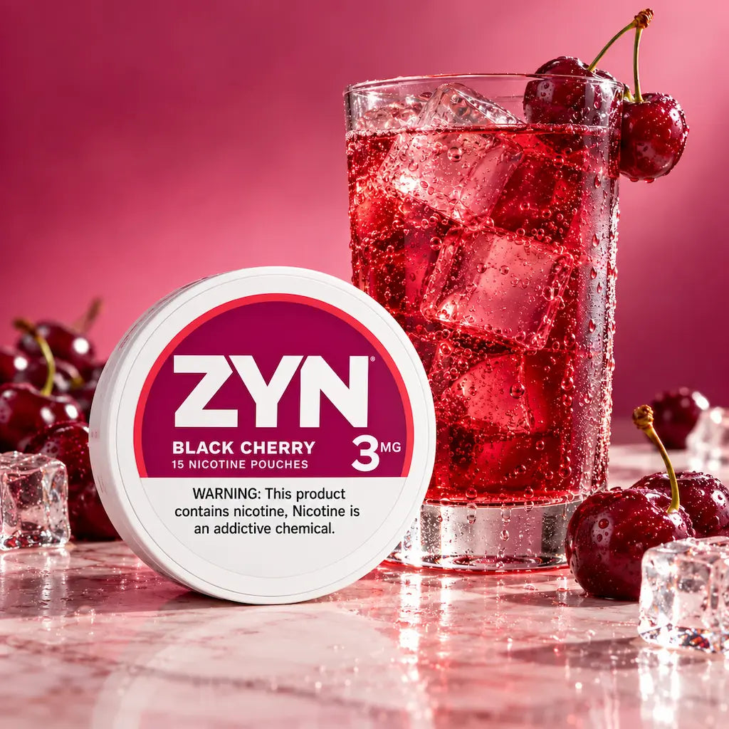 ZYN black cherry 3mg next to ice and cherries and a cherry drink
