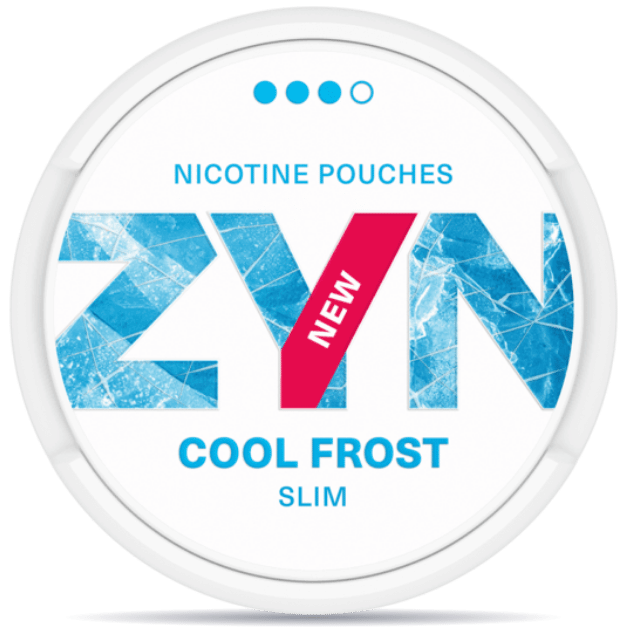 Front view of a can of ZYN Cool Frost Strong Slim 4mg nicotine pouches