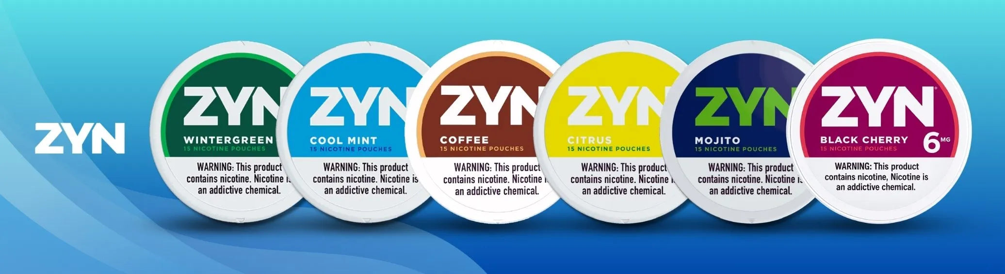 ZYN nicotine pouches lineup with Cool Mint, Coffee, Citrus, Black Cherry and Mojito flavors on blue gradient background