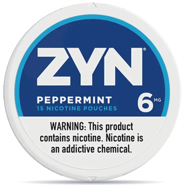 ZYN Peppermint 6mg nicotine pouches can front view 15 pouches