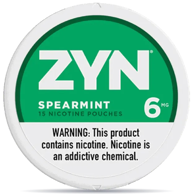 ZYN Spearmint 6mg nicotine pouches can front view 15 pouches