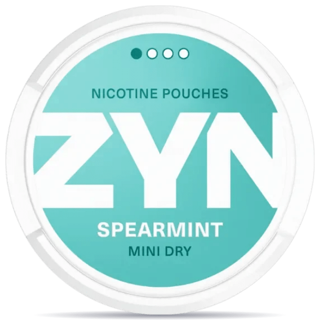 Front view of a can of ZYN Spearmint Mini Dry Low 1,6mg nicotine pouches