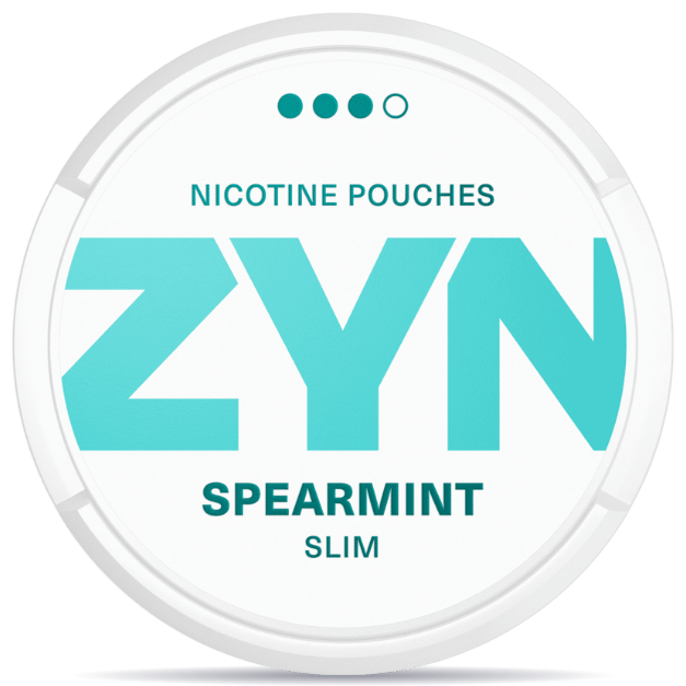 Front view of a can of ZYN Spearmint Slim Strong nicotine pouches