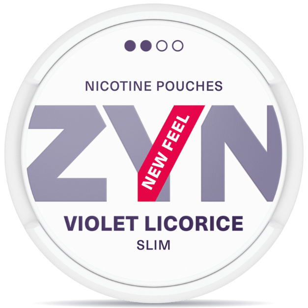 Front view of a can of ZYN Violet Licorice Slim nicotine pouches